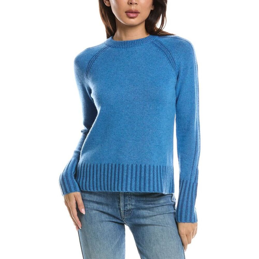 Forte Cashmere Womens Plaited Rib Trim Crewneck 100% Cashmere Sweater, Blue